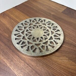 Glass Trivet with Silver Overlay Engraved Design 6" Diameter Hot Plate